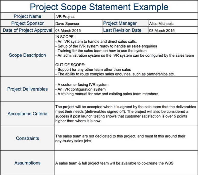 information technology project scope statement example